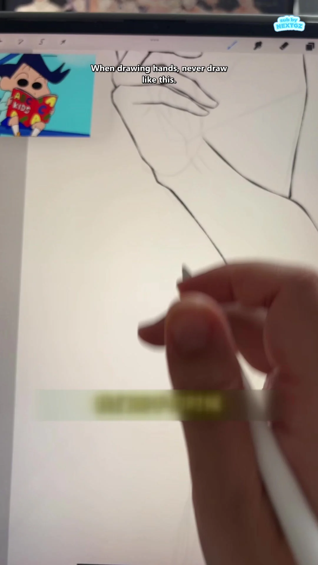 Frame đầu video chỉ ra lỗi vẽ bàn tay và ngón tay bằng đường viền liên tục mà không dựng cấu trúc khối.