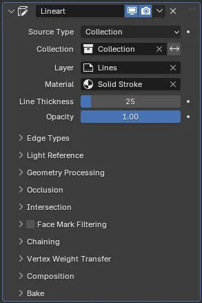Bảng thiết lập chính của Line Art Modifier với Source Type, Layer, Material, Line Thickness và Opacity
