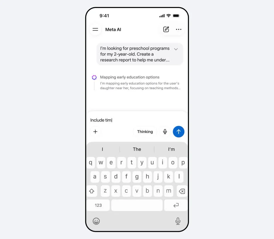 Giao diện Meta AI đang lập báo cáo nghiên cứu và nhận yêu cầu chỉnh hướng giữa chừng