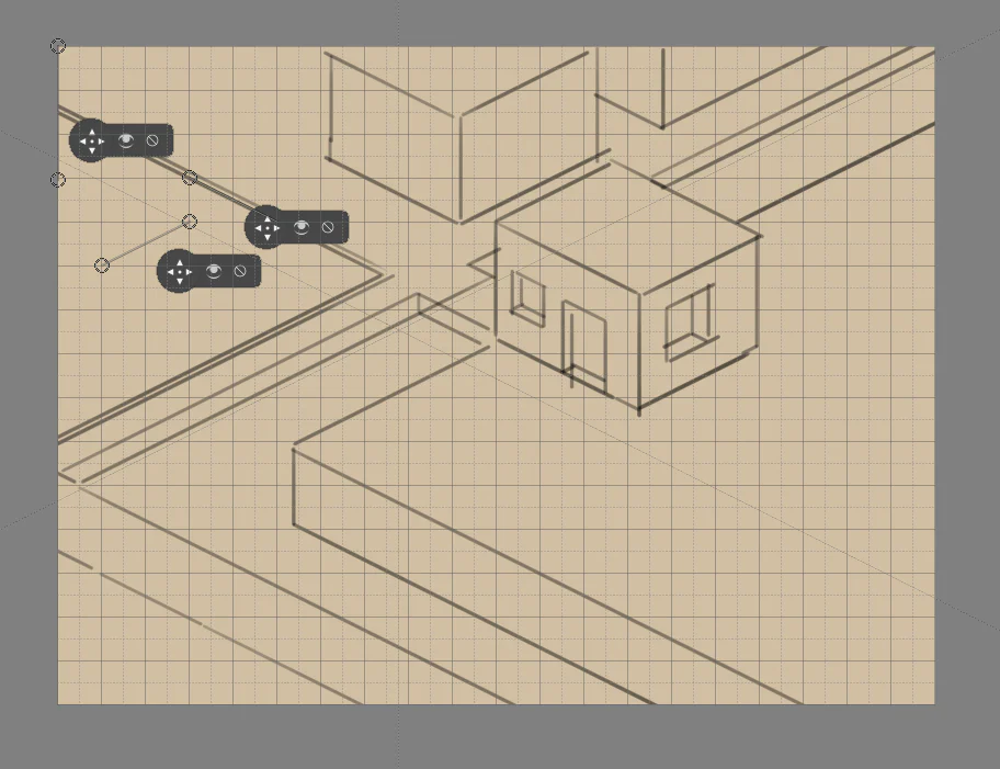Bản vẽ dimetric và isometric trong Krita với ba thước song song