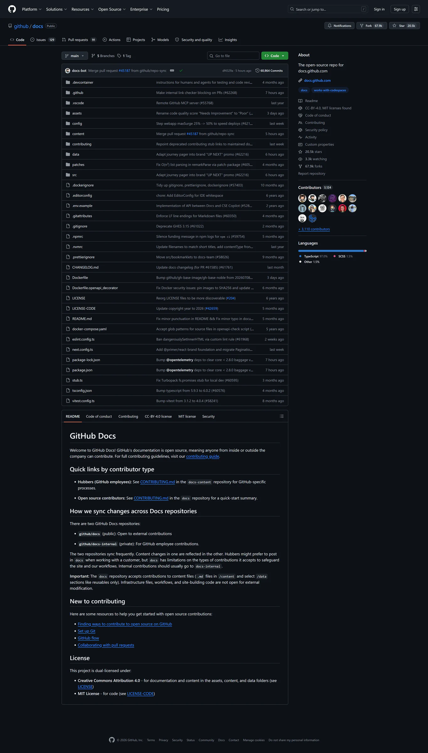 Ảnh chụp repository github/docs trên GitHub với cấu trúc mã nguồn và thông tin dự án.
