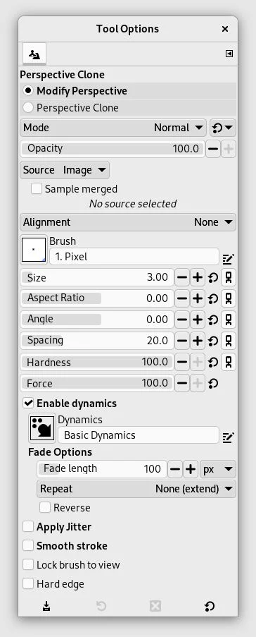 Bảng Tool Options của Perspective Clone với Modify Perspective, Perspective Clone, Source và Alignment