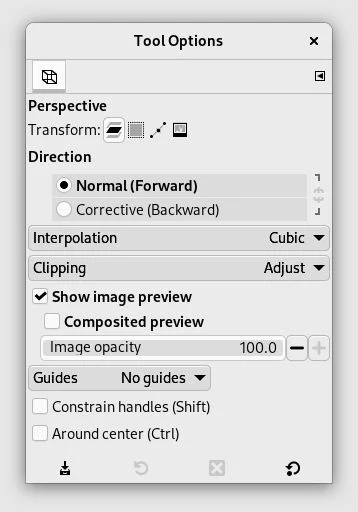 Bảng Perspective Tool Options với Direction, Interpolation, Clipping, Preview và Guides