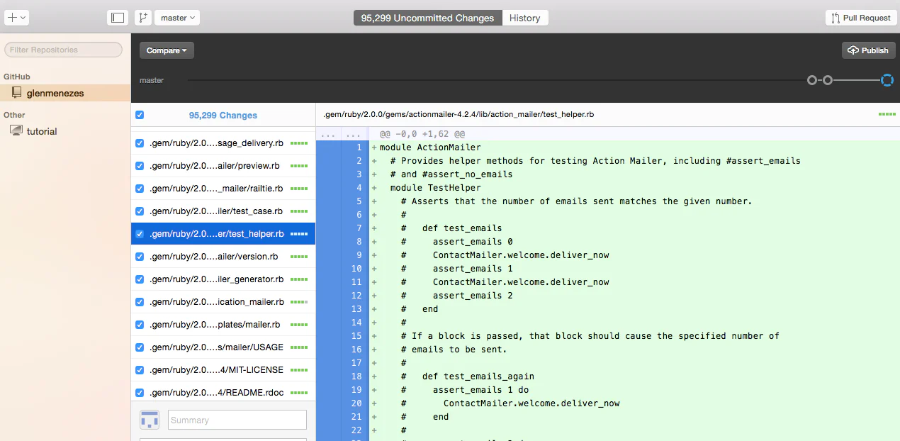 Ảnh chụp giao diện GitHub Desktop với repository, branch và lịch sử thay đổi mã nguồn.