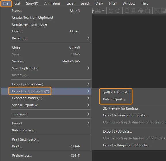 Menu Export multiple pages để xuất nhiều trang manga bằng Layer Comps