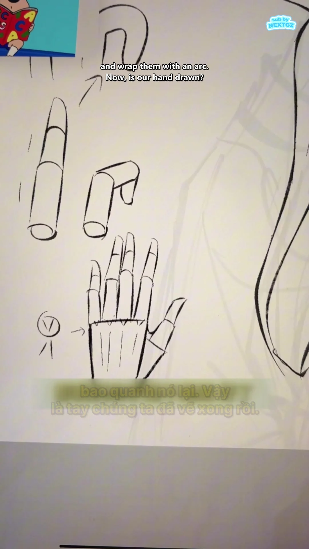 Frame cuối video tổng kết toàn bộ phương pháp dựng ngón tay bằng khối trụ, khối lòng bàn tay và ngón cái.