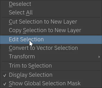 Menu chuột phải của vùng chọn trong Krita với Edit Selection và Transform
