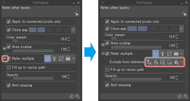 Bảng Exclude from reference của công cụ Fill trong CLIP STUDIO PAINT