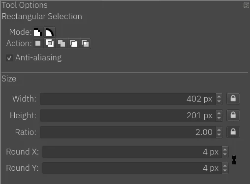 Bảng Tool Options của Rectangular Selection trong Krita với kích thước và bo góc