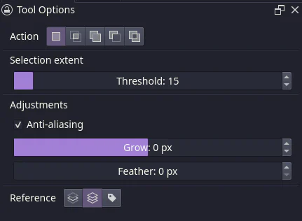 Bảng Tool Options của Similar Color Selection trong Krita với Threshold Grow và Feather