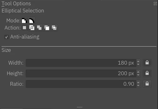 Bảng Tool Options của Elliptical Selection trong Krita với Width Height và Ratio