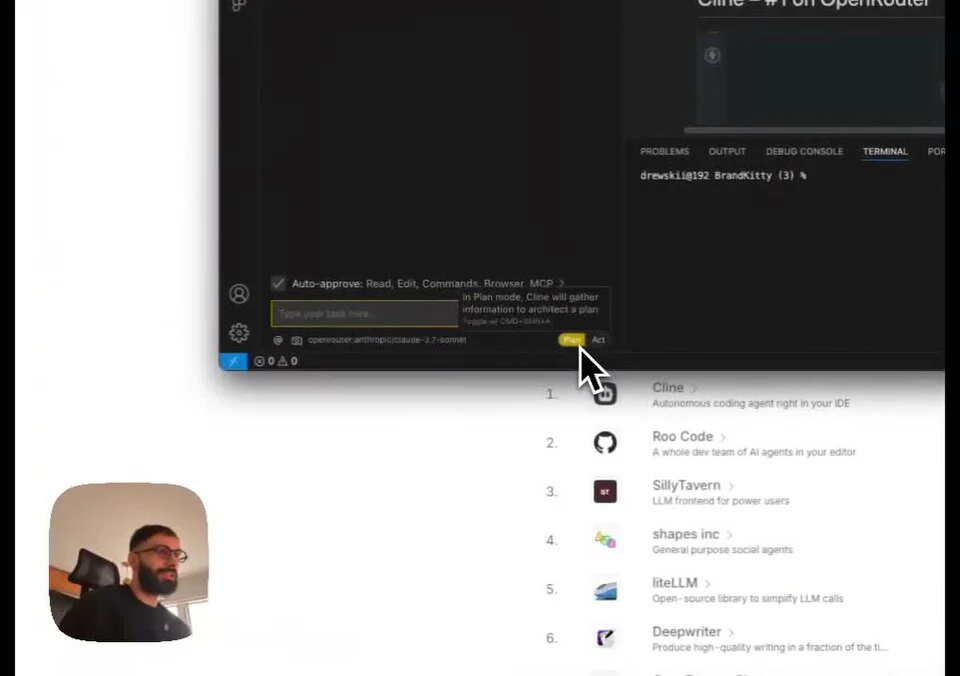 Ảnh chụp giao diện Cline trong video hướng dẫn cài đặt và sử dụng AI coding assistant trên Visual Studio Code.