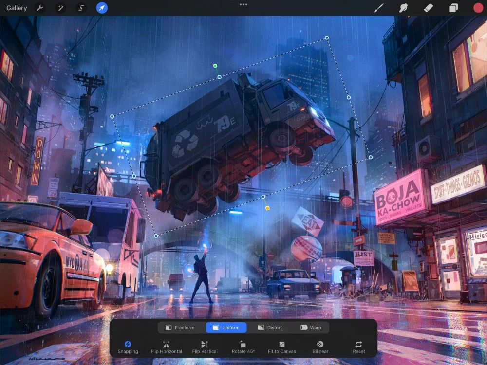 Chế độ Uniform Transform trong Procreate giữ nguyên tỷ lệ đối tượng