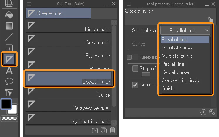 Vị trí nhóm công cụ hỗ trợ dựng hình trong Clip Studio Paint
