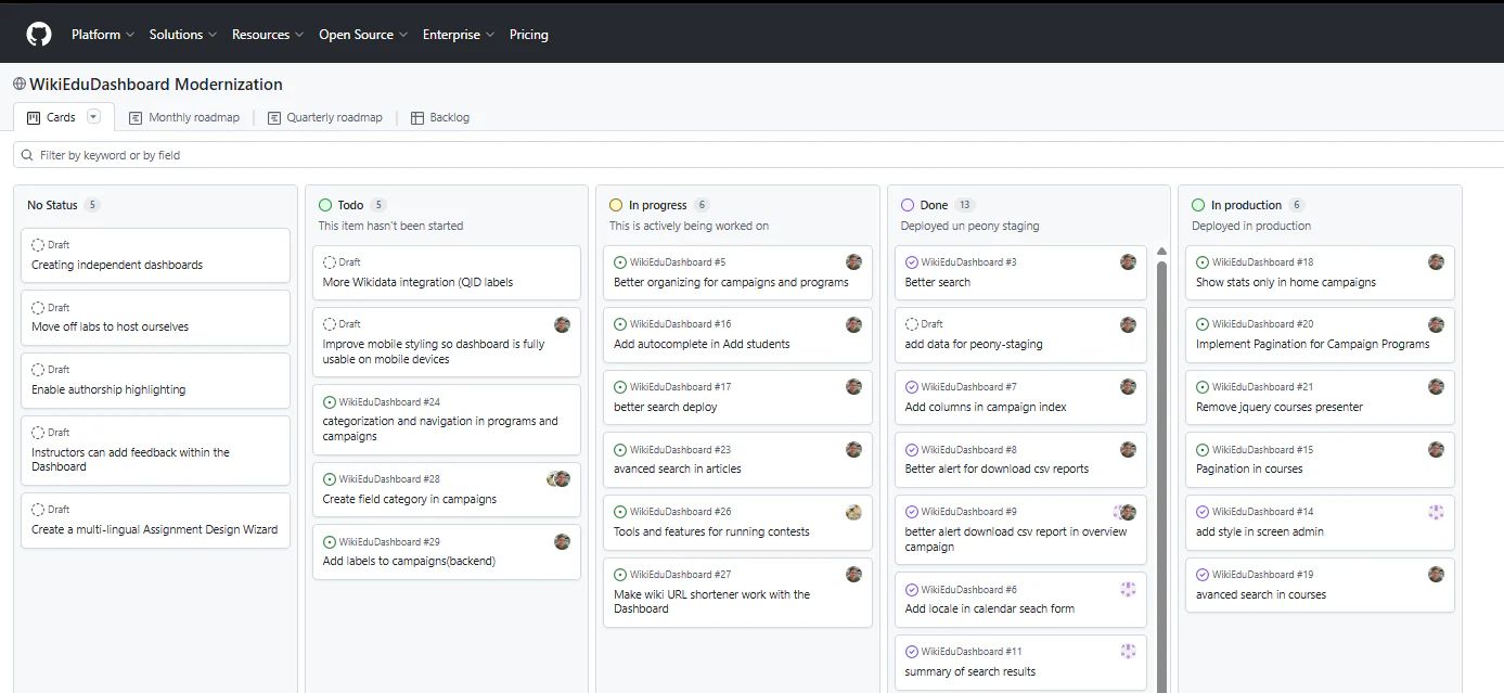 Bảng GitHub Projects với các thẻ công việc theo trạng thái, minh họa dữ liệu mà workflow báo cáo và triage có thể tổng hợp.