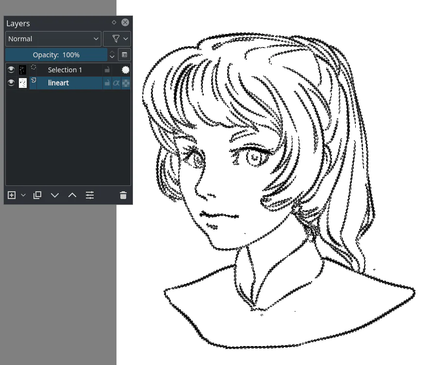 Selection Mask được tạo từ lineart để chuẩn bị tô màu trong Krita