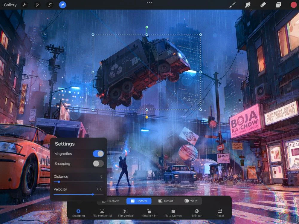 Bảng Snapping của Procreate với Magnetics, Distance và Velocity