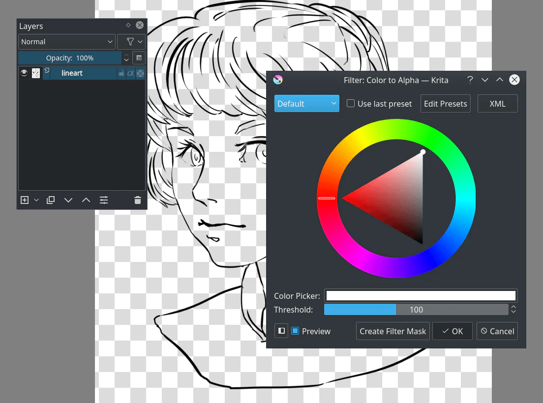 Hộp thoại Color to Alpha làm nền trắng của lineart thành trong suốt trong Krita