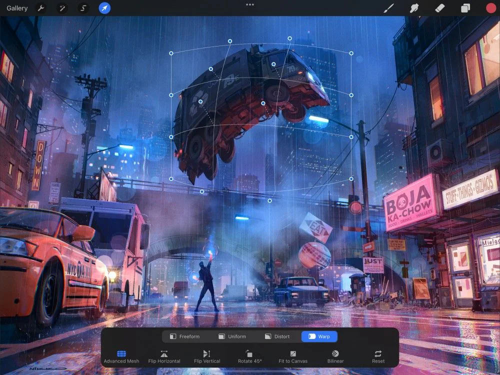 Chế độ Advanced Mesh của Procreate với lưới Warp nhiều nút chi tiết