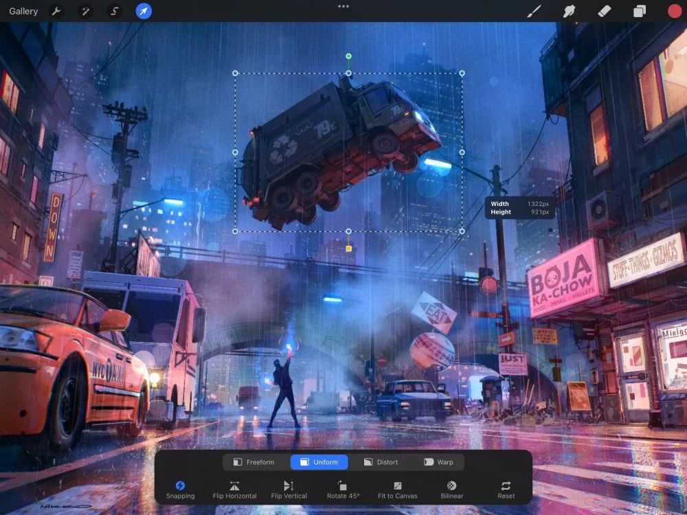 Thao tác Quick Scale trong Procreate thay đổi kích thước từ tâm hộp bao