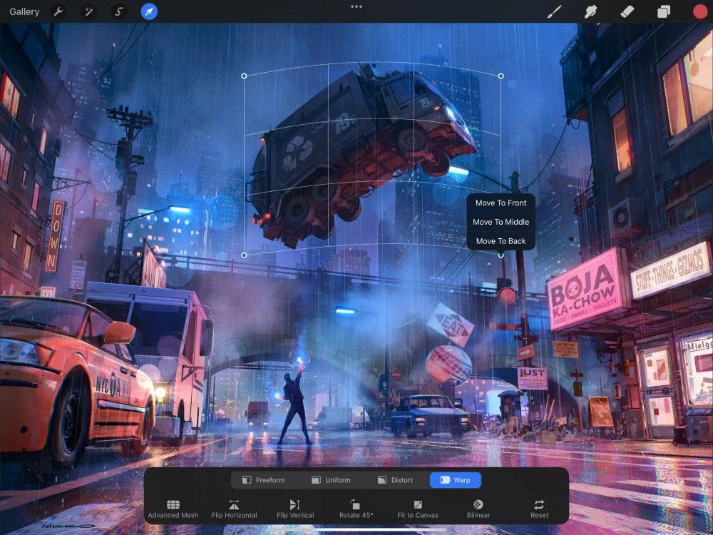 Điều khiển nút Warp trong Procreate để uốn cục bộ một vùng ảnh