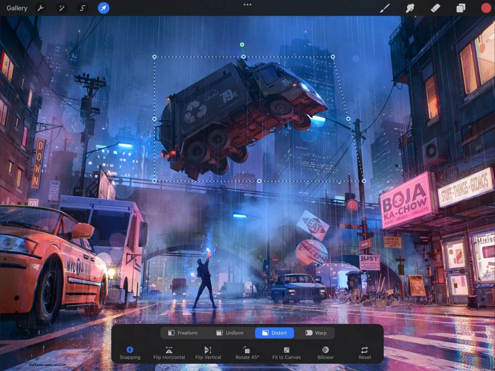 Chế độ Distort của Procreate kéo góc để tạo phối cảnh cho đối tượng