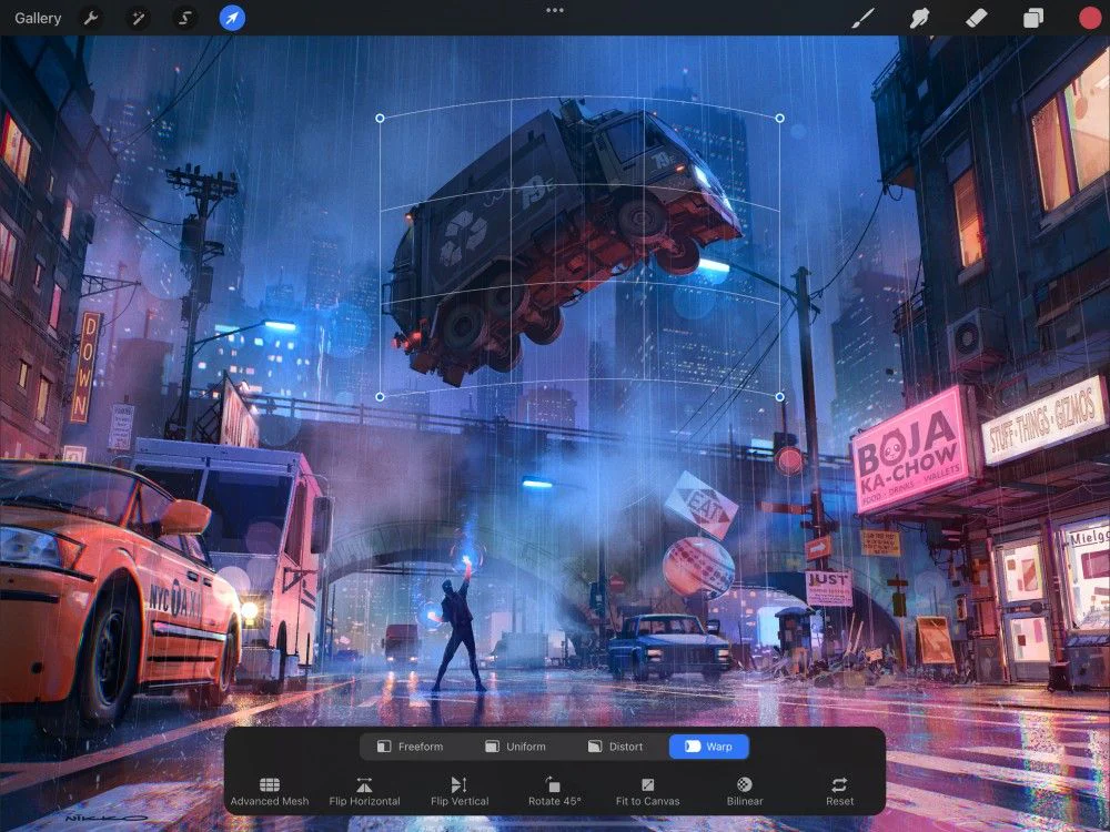 Lưới Warp Mesh trong Procreate bao quanh vùng ảnh cần uốn
