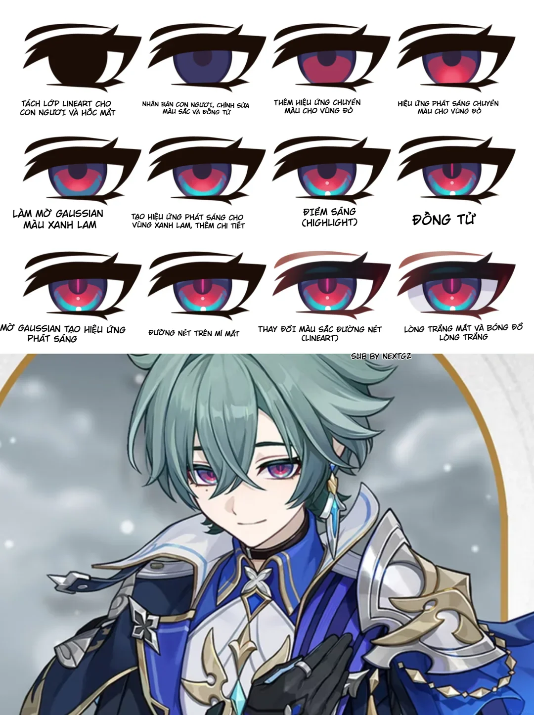 Bảng hướng dẫn 12 bước tô mắt anime phát sáng từ lineart, mống mắt, gradient, Gaussian Blur đến kết quả trên nhân vật