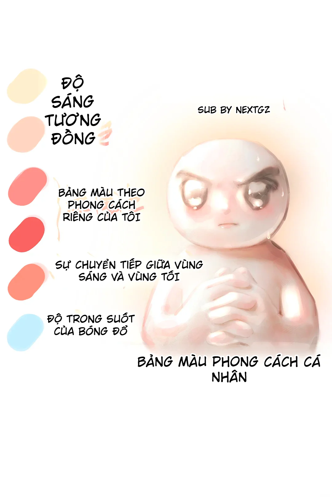 Bảng màu cá nhân gồm vàng kem, đào nhạt, hồng san hô, đỏ hồng, cam da và xanh lam nhạt