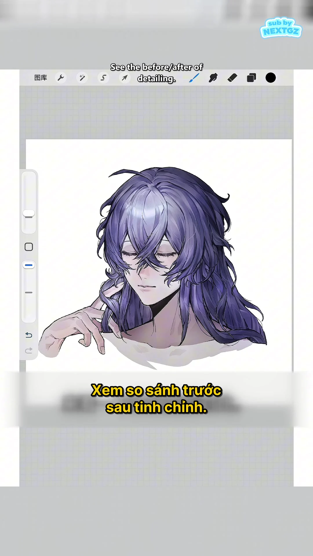 Khung so sánh mái tóc anime trước và sau khi thêm bóng sáng, sợi tóc và tinh chỉnh màu