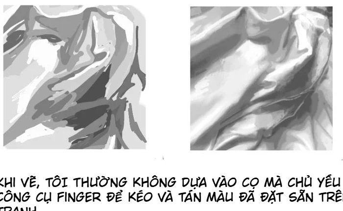 So sánh mảng grayscale thô và khối vải mượt sau khi kéo tán màu bằng Finger trên ibisPaint