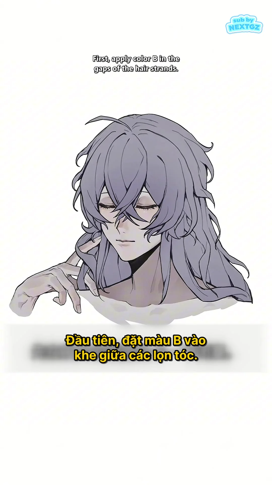Bước đầu đặt màu tối vào khe giữa các lọn tóc anime trên nền màu xám tím