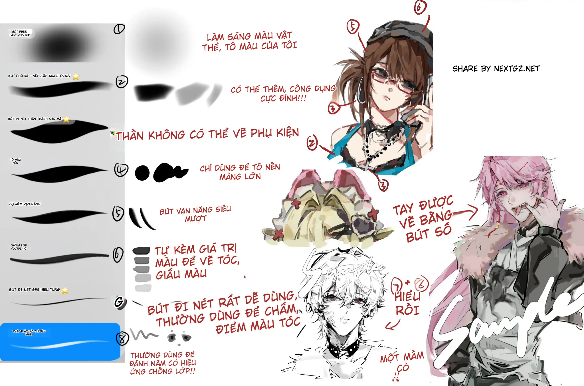 Bảng tổng hợp 8 brush vẽ anime đa năng gồm airbrush, cọ đi nét, tô màu, overlay và phác thảo