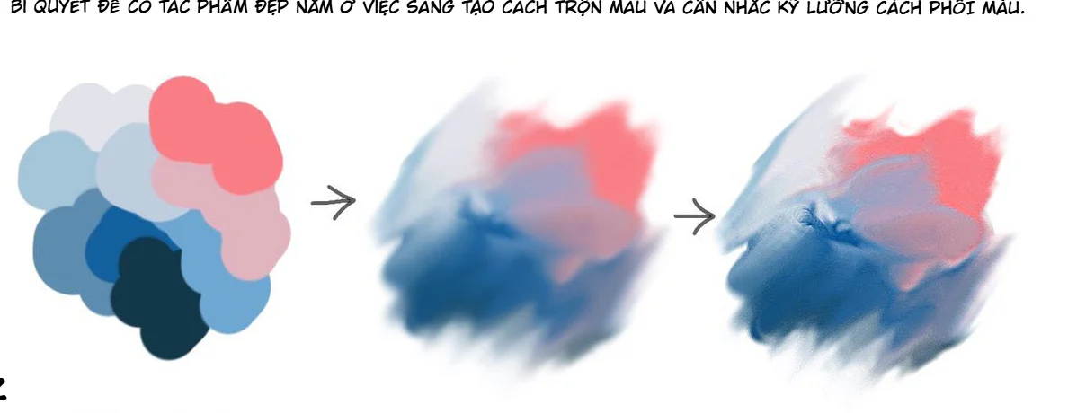 Bảng màu xanh hồng và hai giai đoạn kéo trộn bằng Finger đầu mềm kiểu Airbrush trên ibisPaint