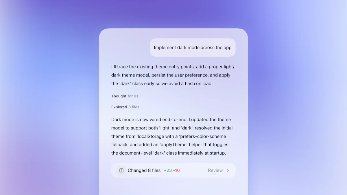 Kết quả một tác vụ Codex với phần giải thích, số file thay đổi và nút Review.