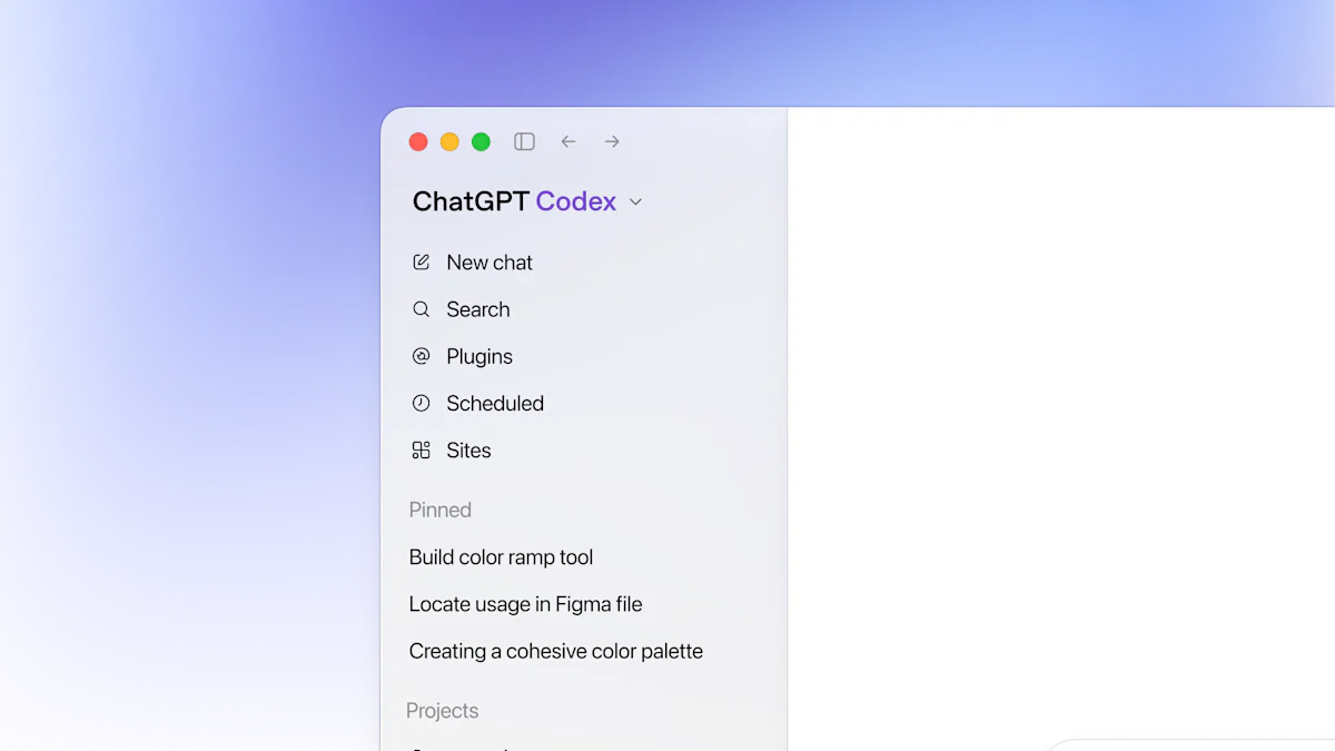 Thanh điều hướng Codex app với các mục New Chat, Search, Plugins, Scheduled và Projects.
