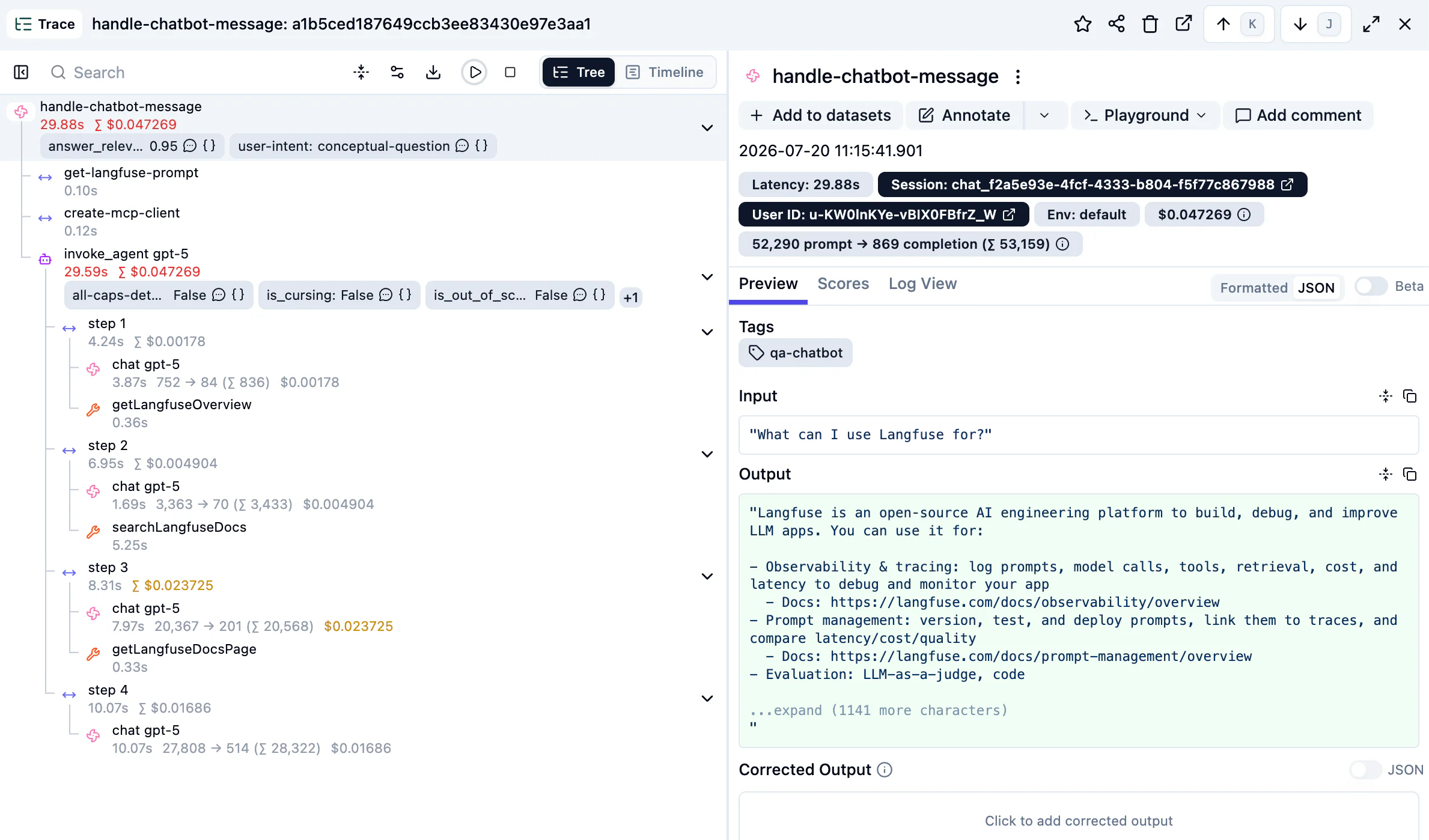 Chi tiết trace chatbot trong Langfuse với các bước retrieval và generation