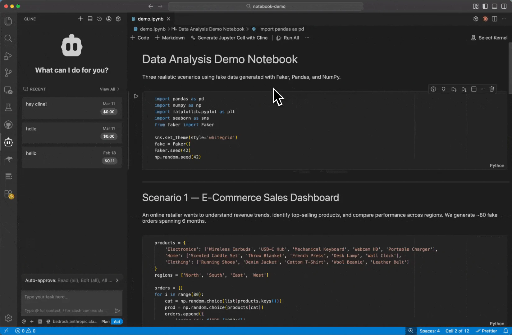 Cline tạo một ô mã mới trong Jupyter Notebook từ giao diện VS Code