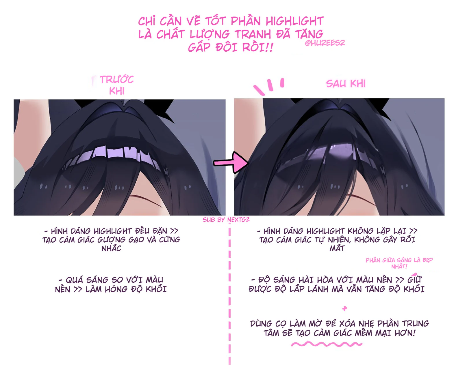 Bảng so sánh trước và sau khi sửa highlight tóc anime, từ dải sáng đều và quá sáng sang highlight tự nhiên, mềm và có nhịp.