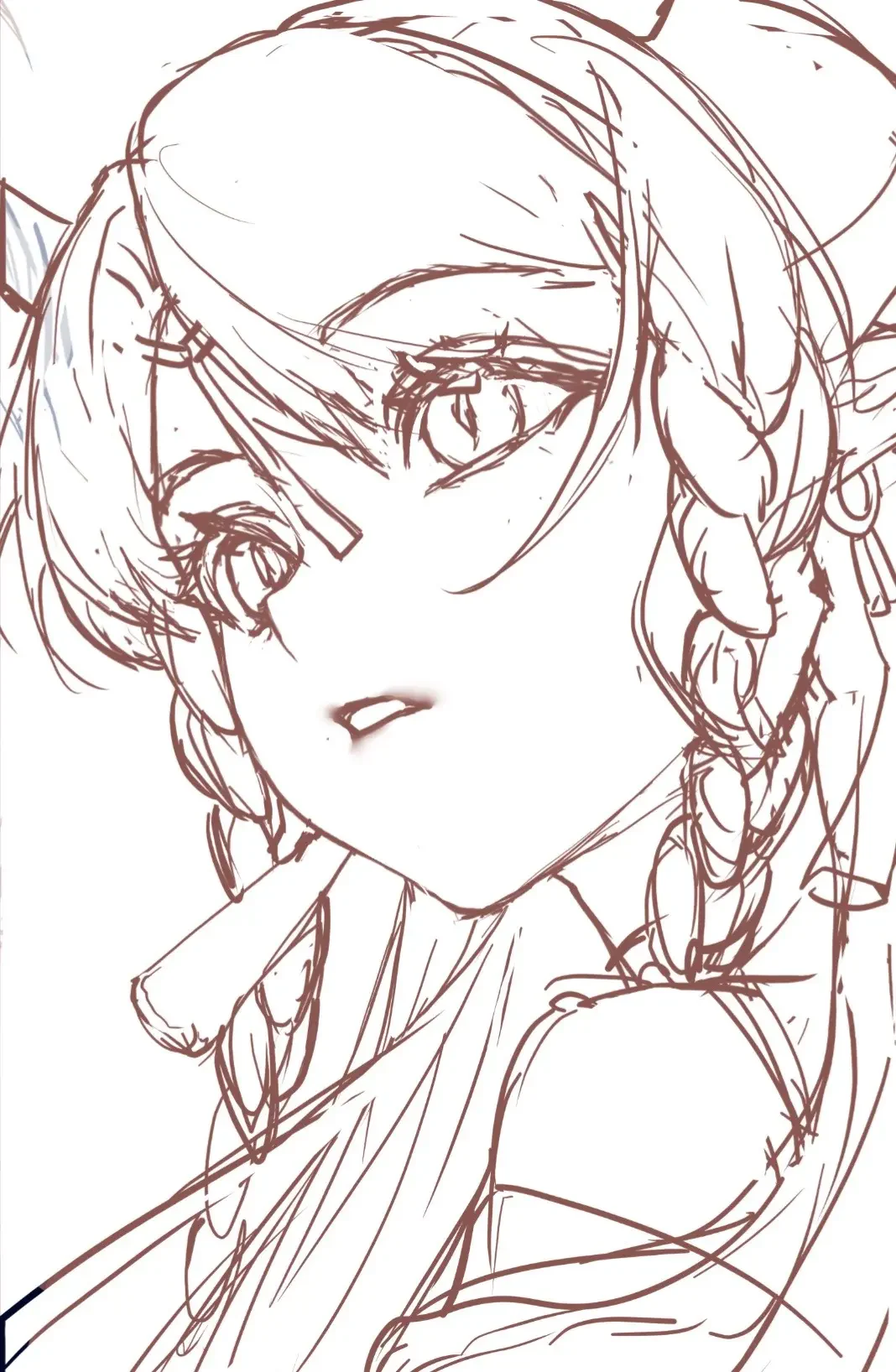 Bản line art sạch của nhân vật anime tóc tết, mắt lớn và khuôn mặt ba phần tư trước khi tô màu.