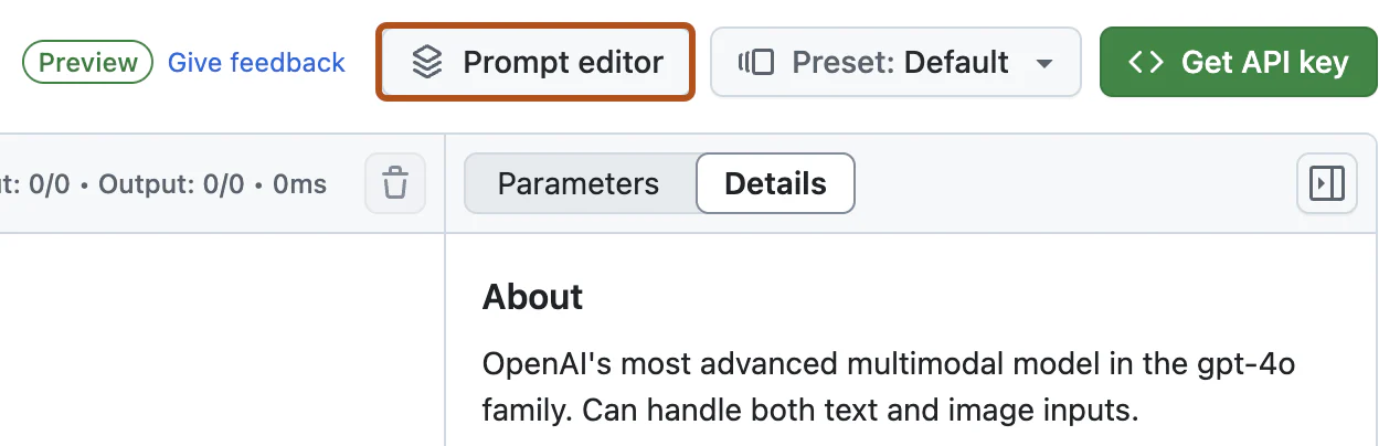 Nút Prompt editor trong GitHub Models Playground