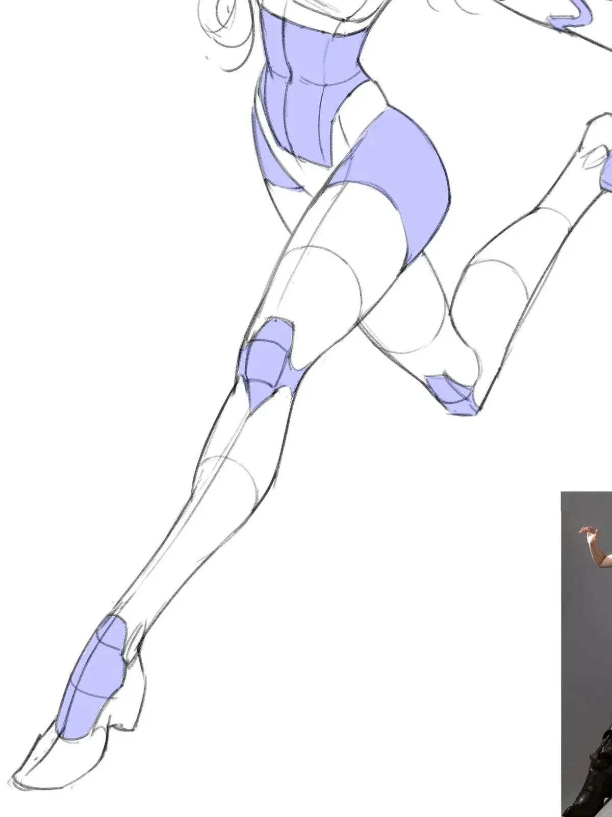 Cận cảnh hai chân của pose nhảy anime, trong đó chân gần người xem lớn và kéo dài hơn còn chân xa bị rút ngắn và chồng lớp.