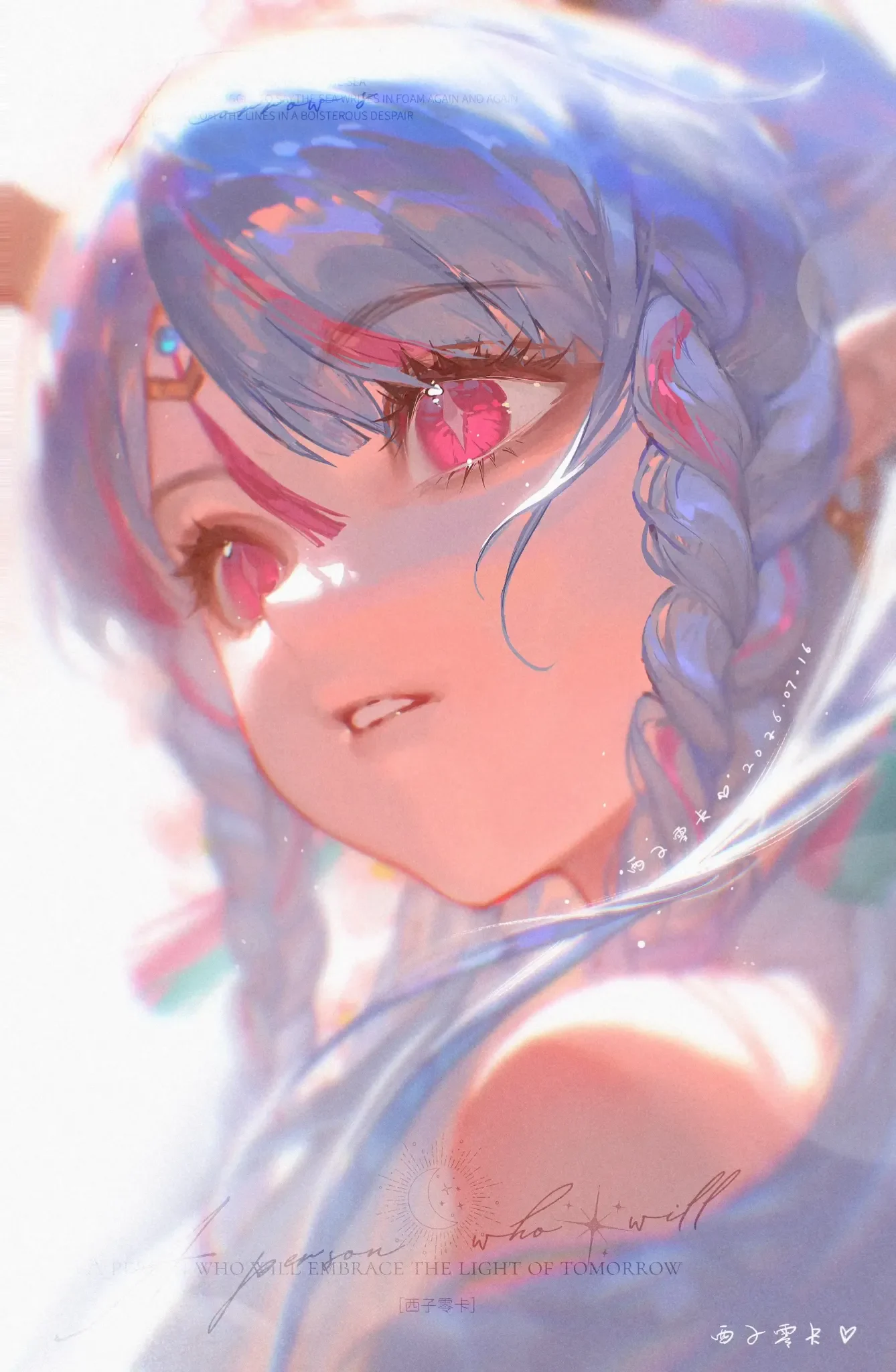 Tranh anime hoàn thiện toàn khung với tóc xanh tím, mắt hồng, da hồng đào, ánh sáng viền và hiệu ứng bloom mềm.