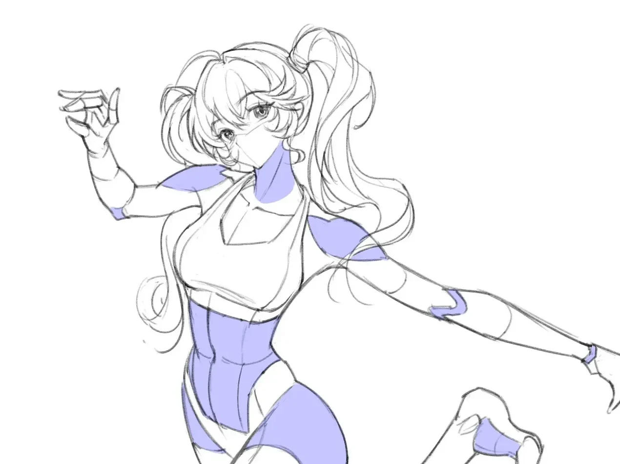 Cận cảnh thân trên và hai cánh tay của pose nhảy anime, thể hiện đường gesture, xoay vai và sự chênh lệch giữa tay gần với tay xa.