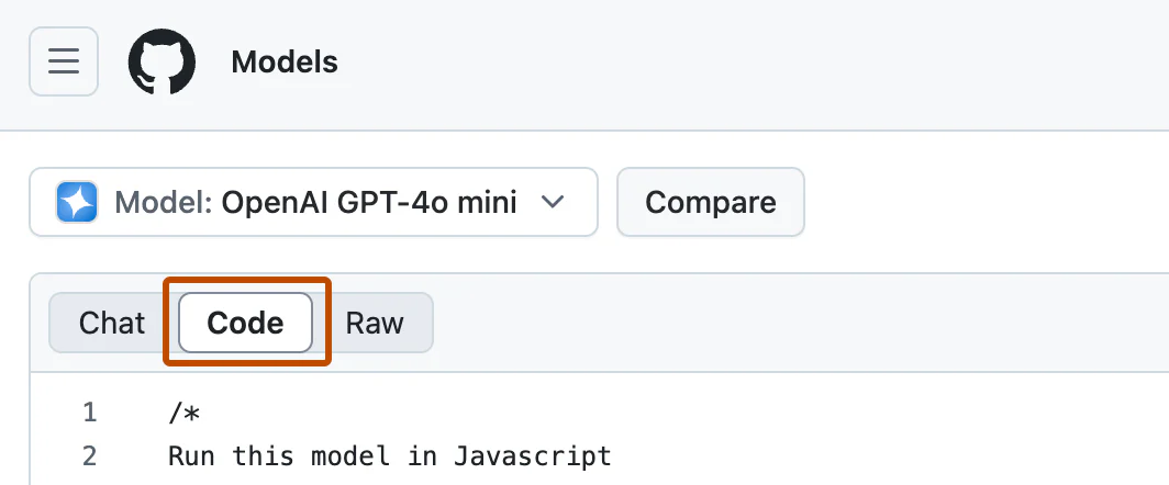 Tab Code trong GitHub Models Playground