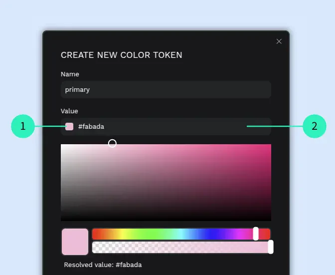 Hộp thoại tạo color token trong Penpot với tên và giá trị màu