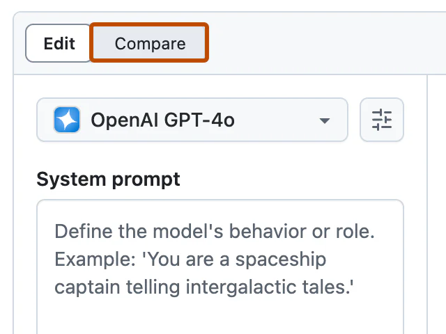 Nút Compare trong GitHub Models Prompt view