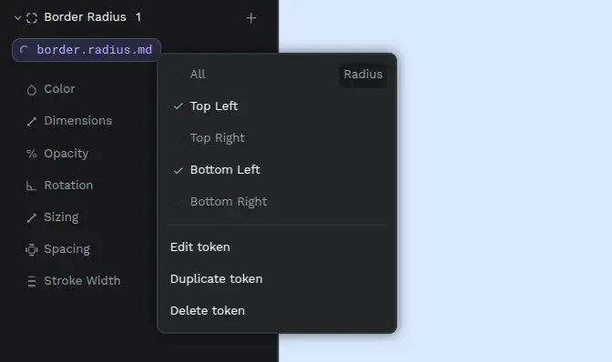 Border radius token được áp dụng cho các góc của đối tượng trong Penpot