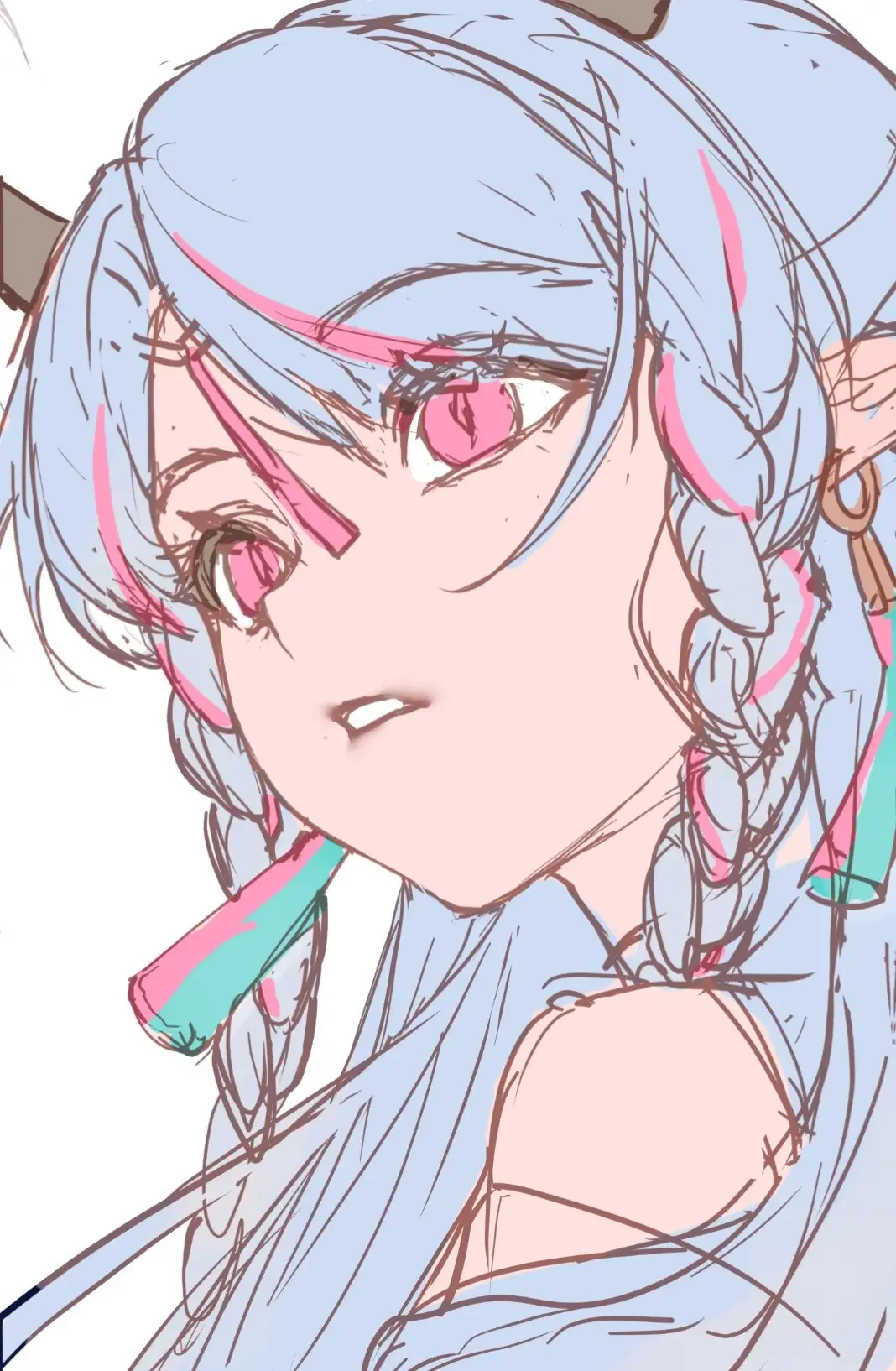 Bản line art và màu phẳng của nhân vật anime tóc xanh, mắt hồng trước khi dựng ánh sáng và render chi tiết.