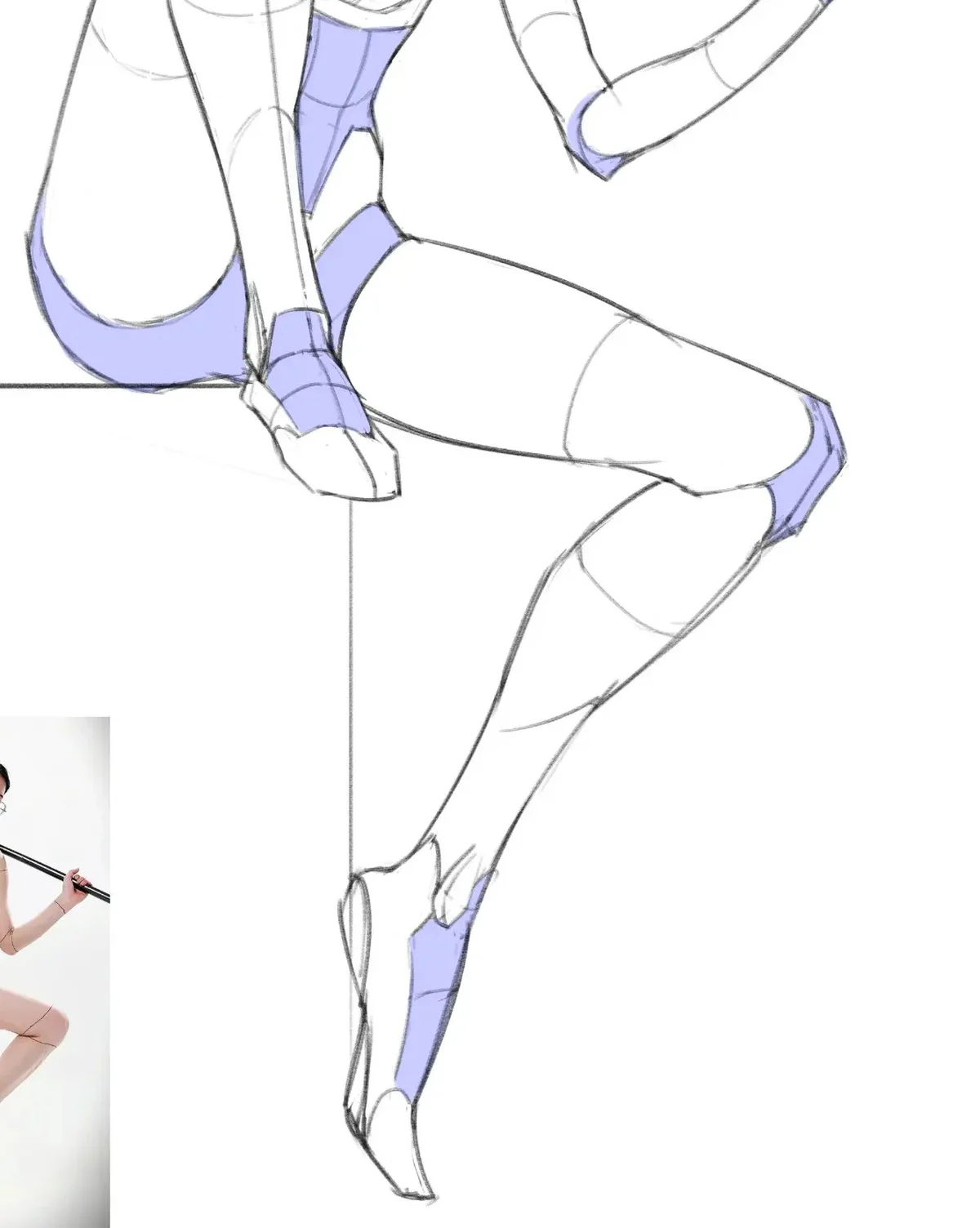Cận cảnh chân co và chân duỗi trong pose ngồi anime, thể hiện overlap, thay đổi kích thước và contour curves theo phối cảnh.